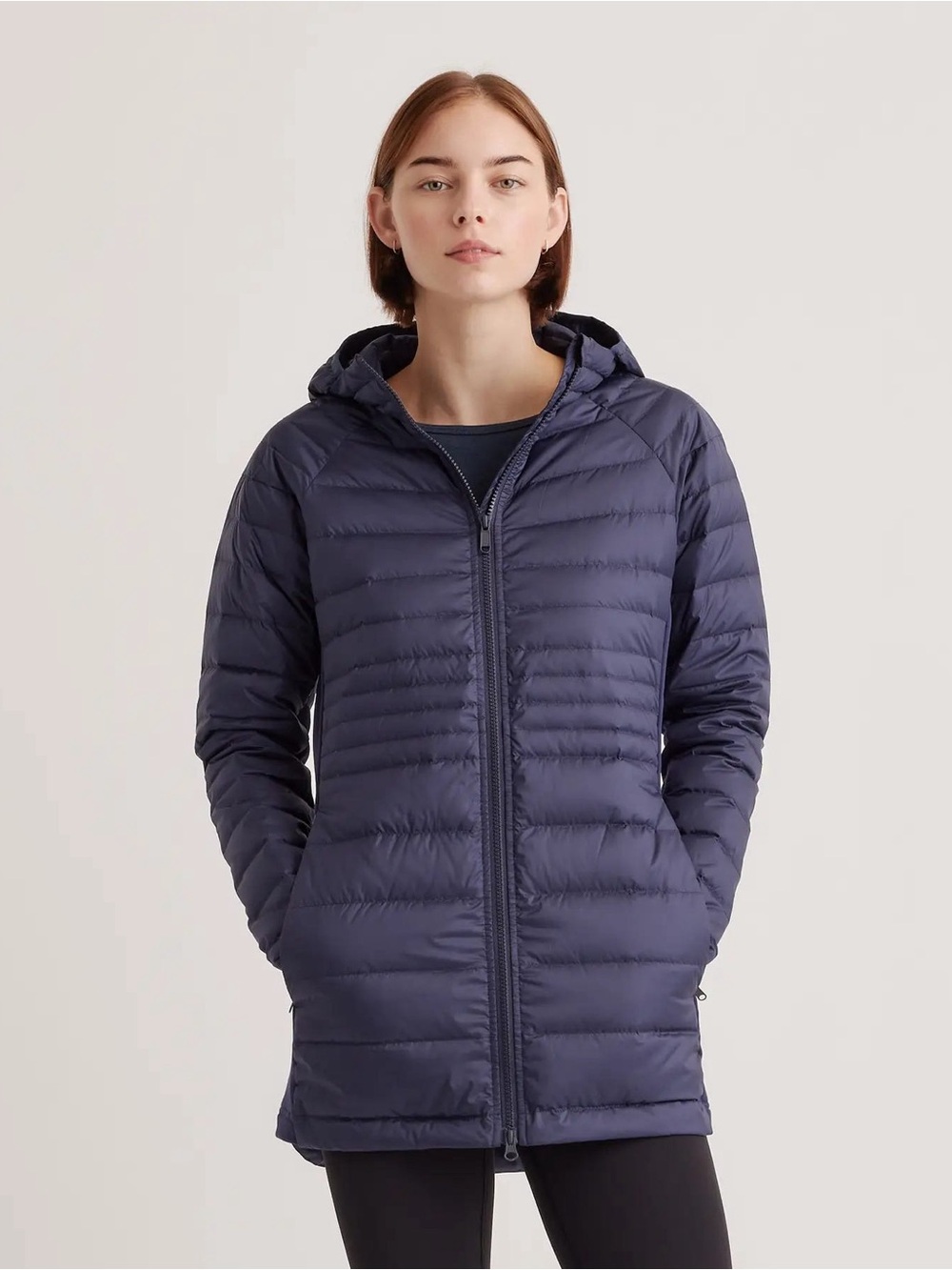 Quince Lightweight Down Packable Long Puffer Jacket coat XL navy Hooded warm